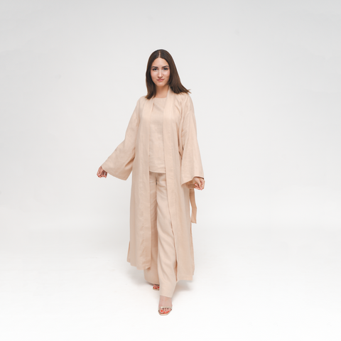 Reese, Italian Linen Kimono Midcalf Jacket in Beige