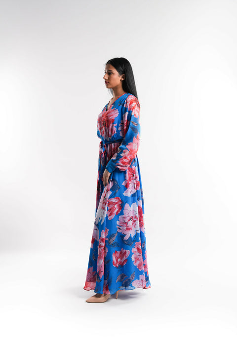 Dark Blue Floral Chiffon Dress Lined