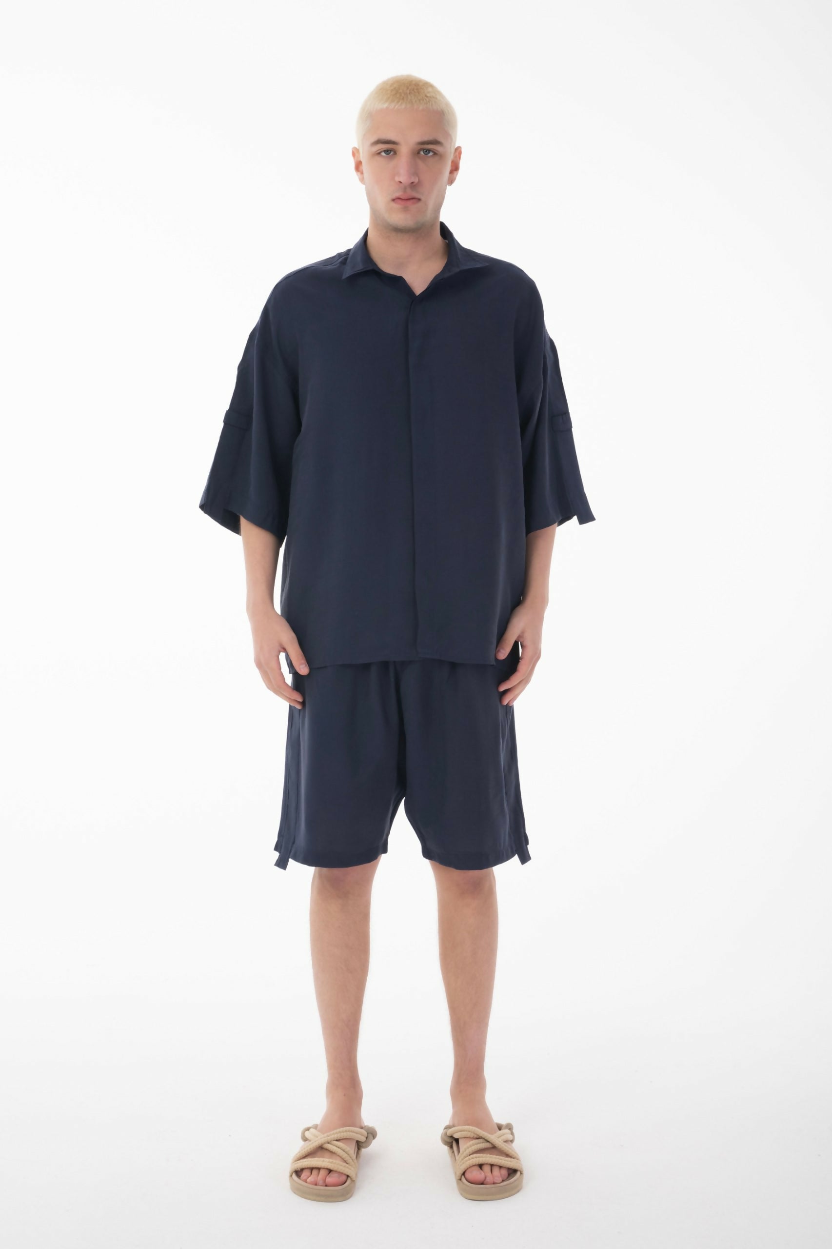 Stand Collar Modal Co-ord Set with Shirt and Shorts Details - Navy