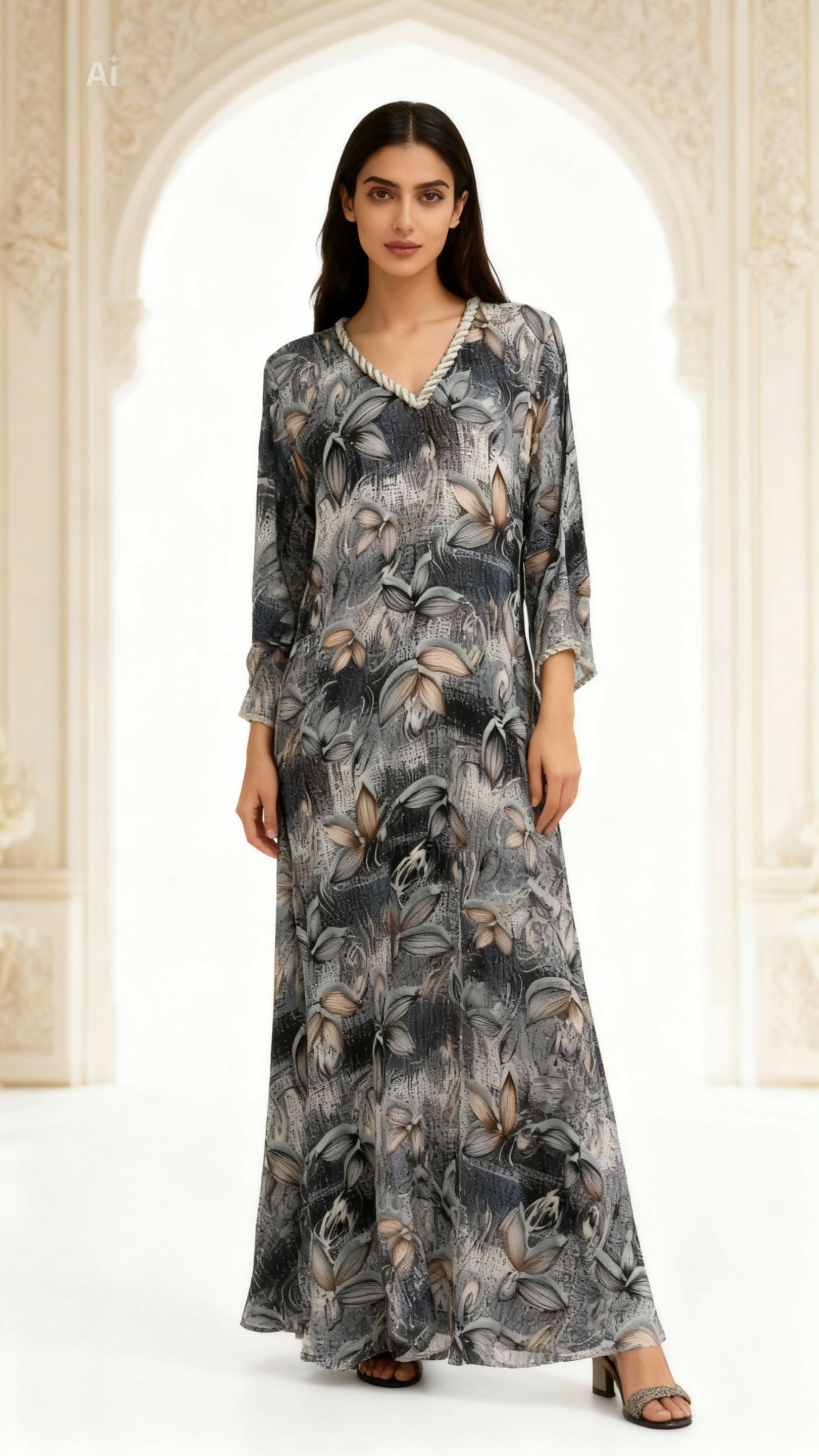 Dress-Jellabiya- Patterned Silk long Loose Style -with splendid Colores blue stone