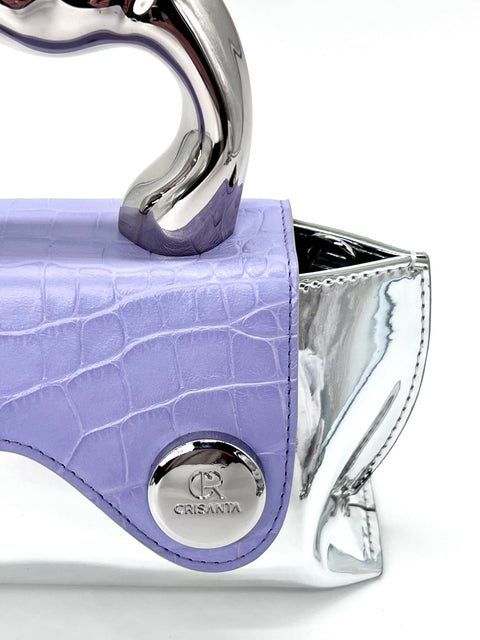 Lavender Crocodile Embossed Bag CRISANTA Crocodile-Embossed Mini Handbag with Sculptural Silver Handle
