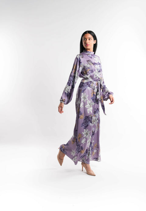 Purple Silk Floral High Neck Dress