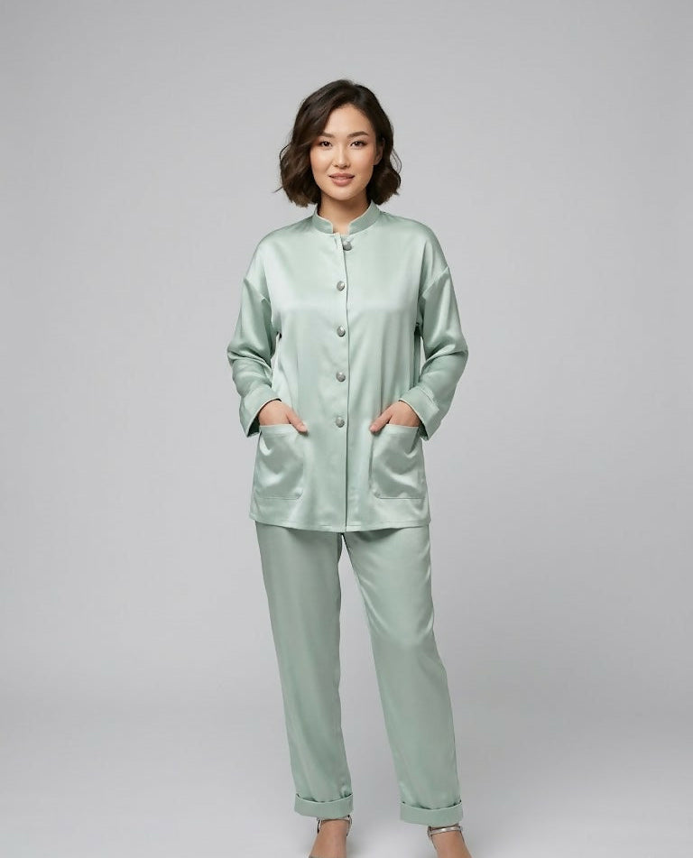 Silk Co-ord Shirt and Pants in Olive