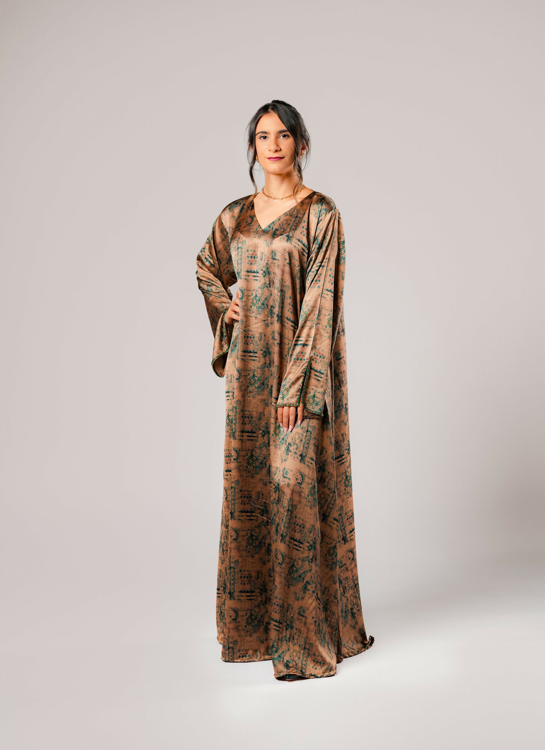 Dress-Jellabiya- Patterned Silk long Loose Style - With A luxury mixture of color-Sleeves with elegant and fashionable beads