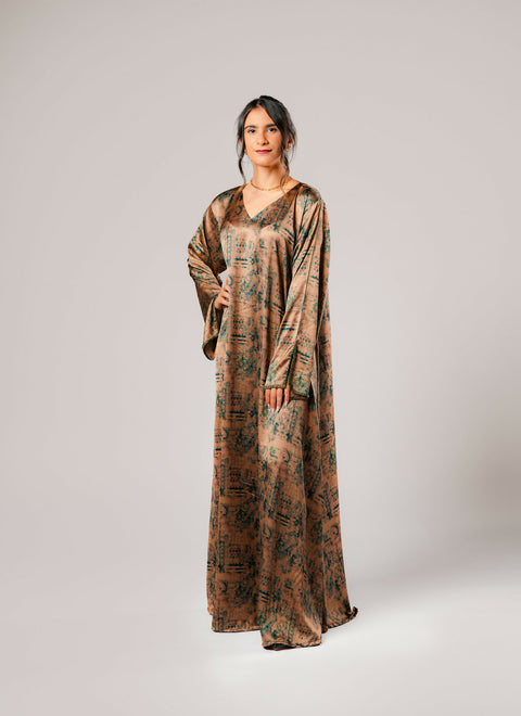 Dress-Jellabiya- Patterned Silk long Loose Style - With A luxury mixture of color-Sleeves with elegant and fashionable beads