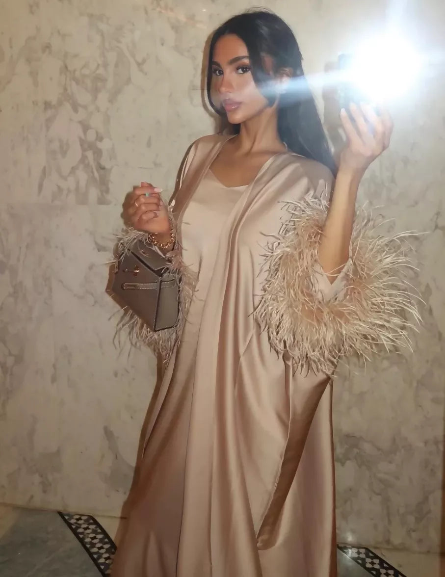 AMK COUTURE Abaya Beige Luxury Silky Feather