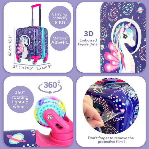 Milk&Moo 18-inch Kids Carry-On Luggage with 360° Glowing Light-Up Wheels, Ayris