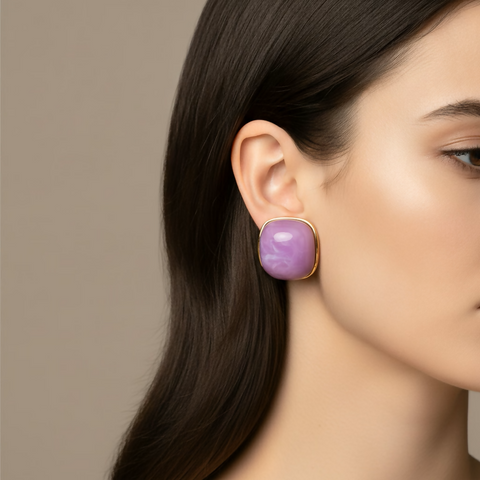 Chunky Square Resin Cabochon Stud Earrings - Purple