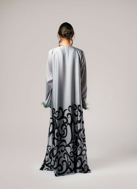 Dress-Jellabiya- Patterned Silk long Loose Style - With A luxury mixture of Gray and black color-Sleeves with lace and soft feathers