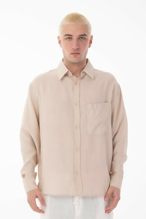 Stand Collar Single Pocket Detailed Long Sleeve Modal Shirt - Beige