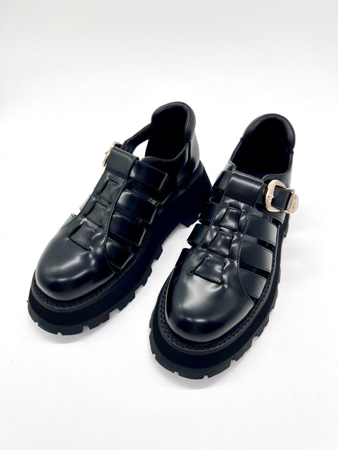 Black Platform Sandal – Leather Platform Sandal with Gold Buckle