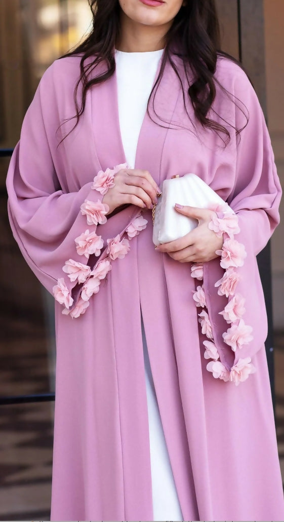 Pink Sleeve 3D Floral Detailed Abaya