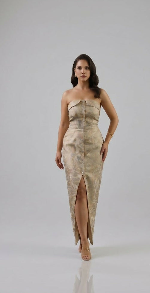 Apricot And Gold Glitter Long Dress (With Buttons)