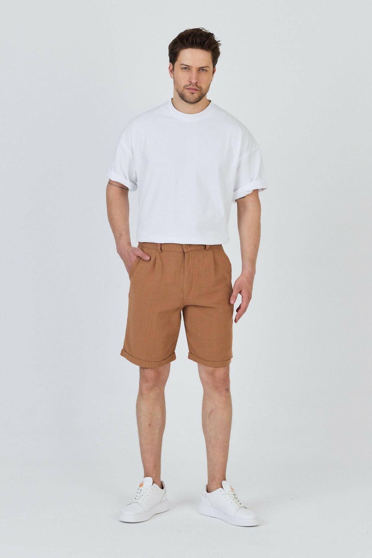 Zippered Linen Shorts with Single Back Pocket - Mink