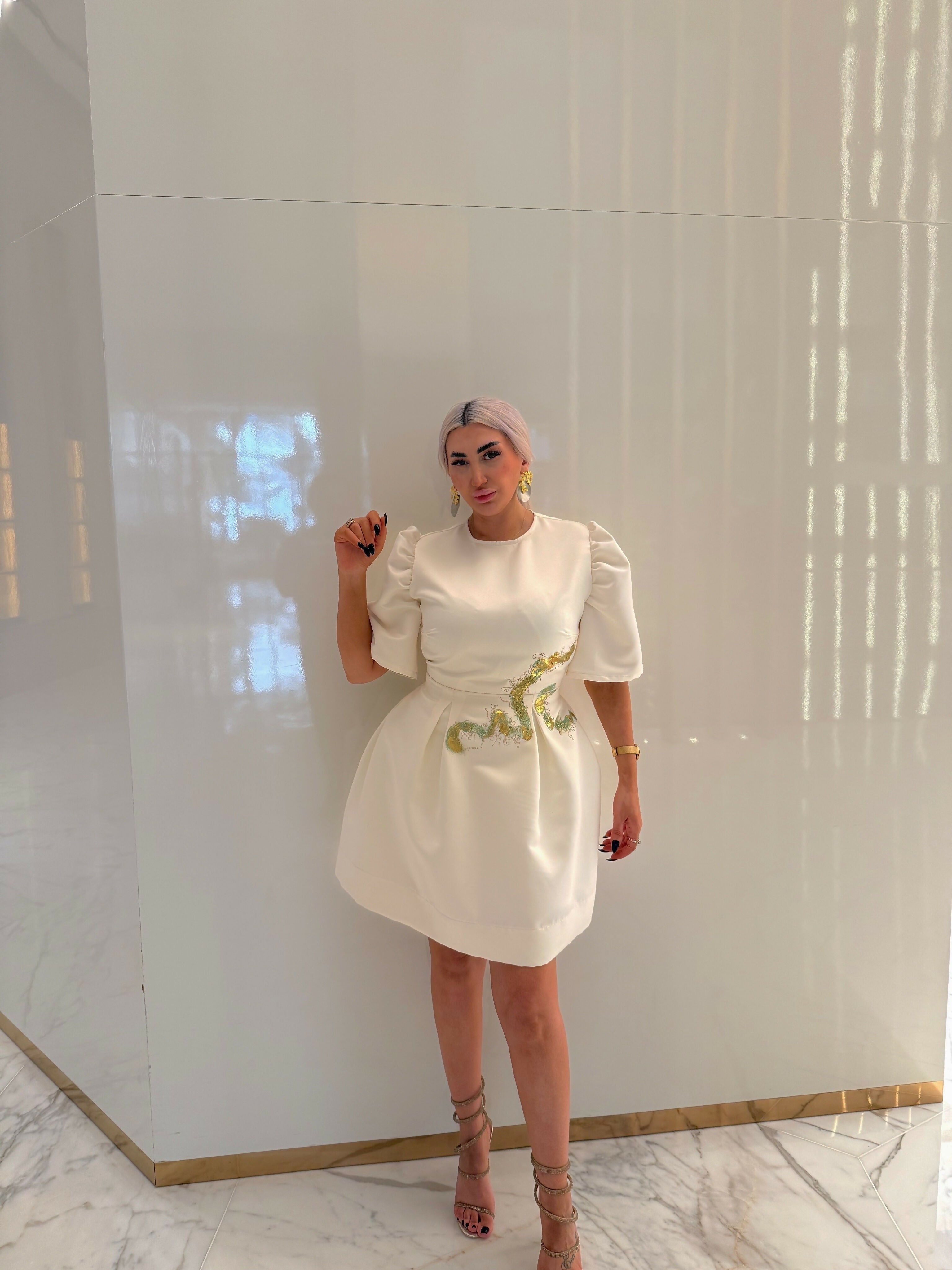 Exclusive White Taffeta Mini Dress( hand-painted)