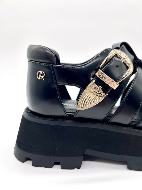 Black Platform Sandal – Leather Platform Sandal with Gold Buckle