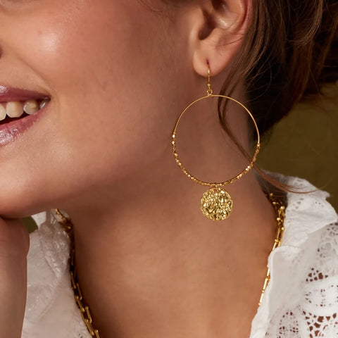 Statement Beaded Hoop Earring with Molten Disc Drop