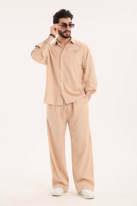 Embroidered Detail Shirt & Pants Set- Beige