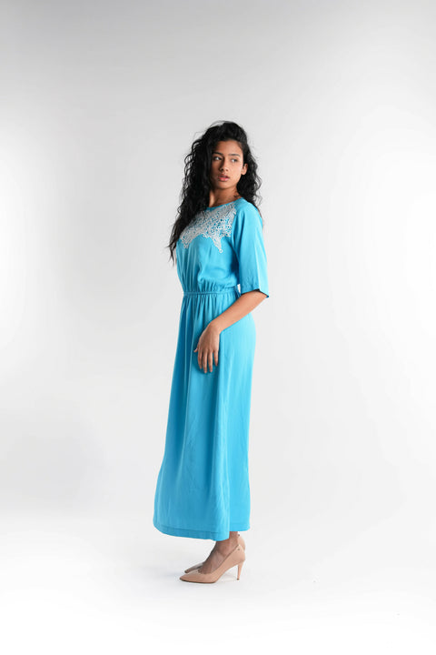 Blue crepe dress with white lace