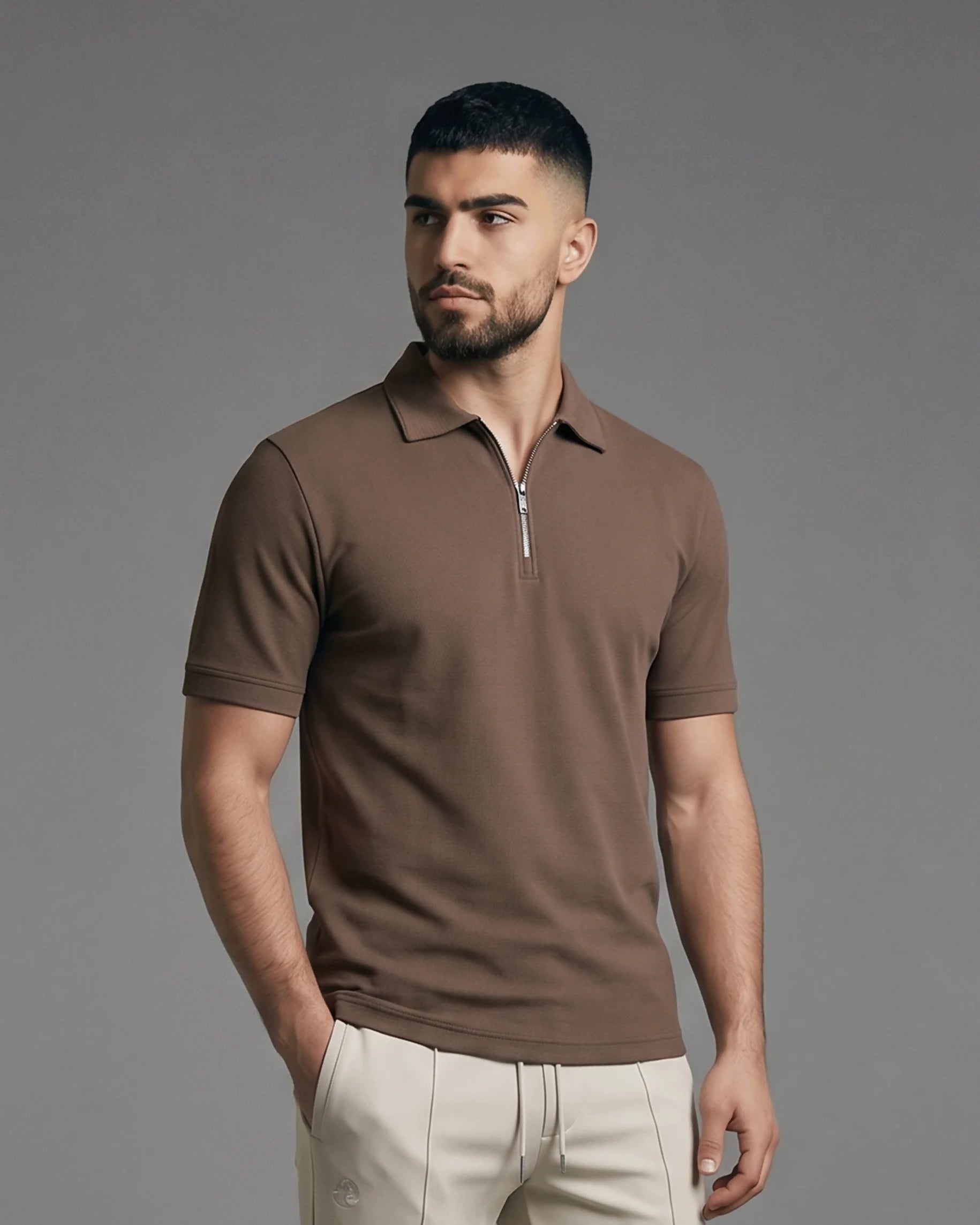Half-Zip Textured Polo Shirt Dark Brown