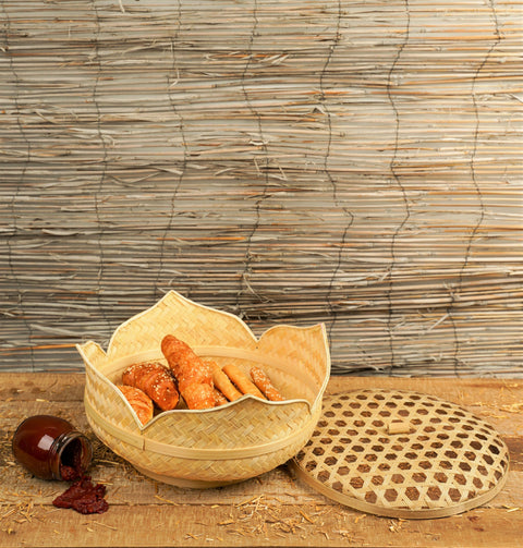 Multipurpose Cane Flower Basket with Net Lid