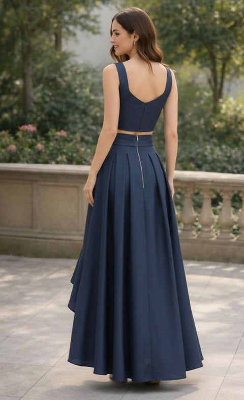 Navy Raw Silk Midi Skirt