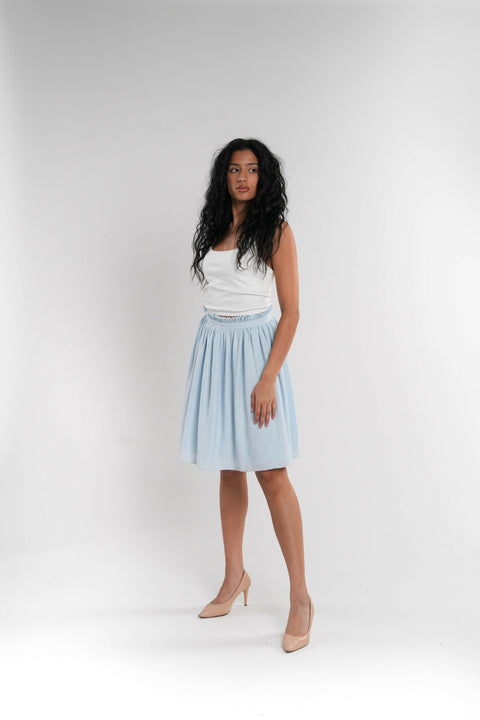 Lined Blue Crepe Mini Skirt