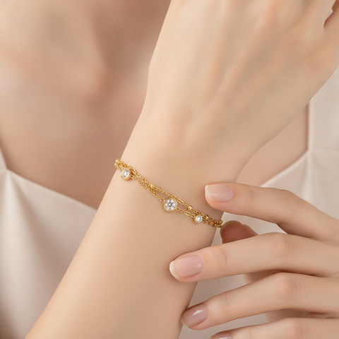 Double Layer Heart Link Bracelet - Bezel Zircon Layer