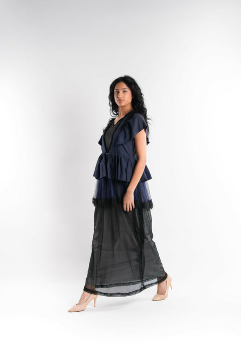 Patchwork Cotton Midi Dress in Blue