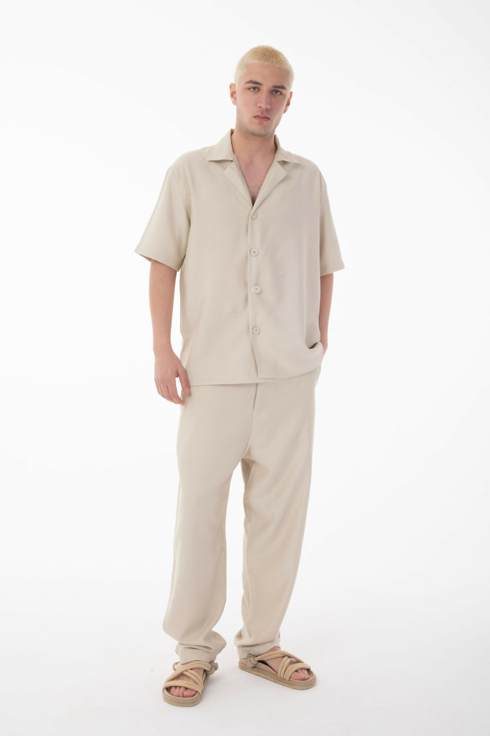 Short Sleeve Shirt Zippered Pants Set - Beige