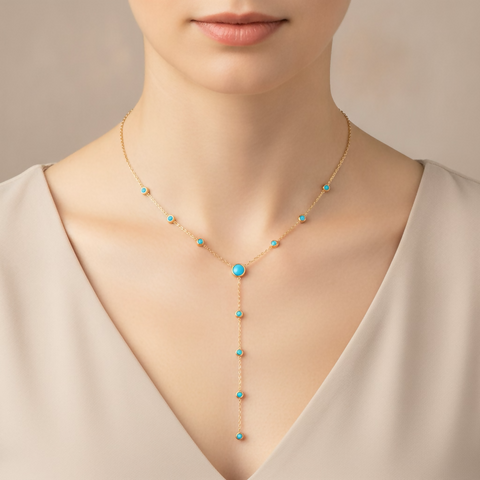 Blue Turquoise & White Zircon Pendant Necklace - Turquoise Lariat