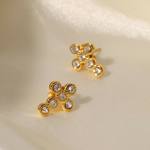 Catriona – White CZ Cross Stud Earrings, 18K Gold Finish