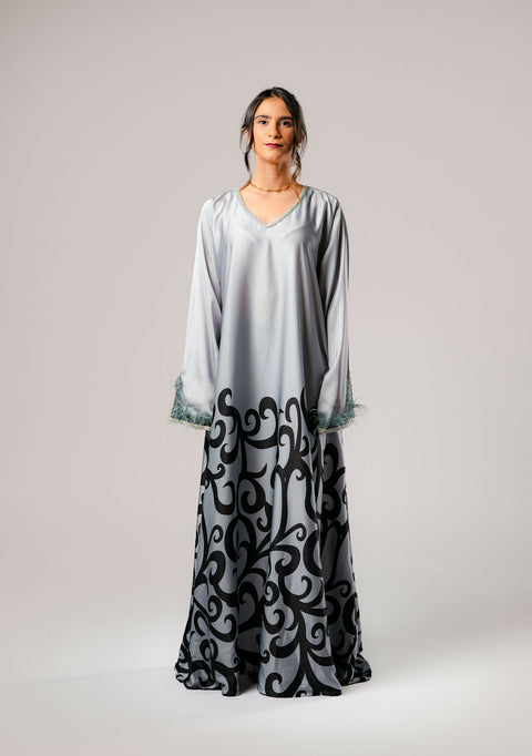 Dress-Jellabiya- Patterned Silk long Loose Style - With A luxury mixture of Gray and black color-Sleeves with lace and soft feathers