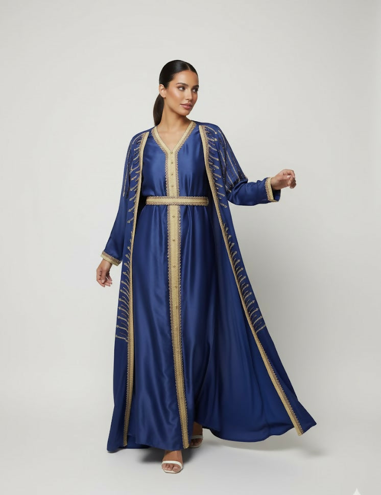 Handcrafted Embroidered – TWO Piece Kaftan Dress with belt – in striped elegant touch