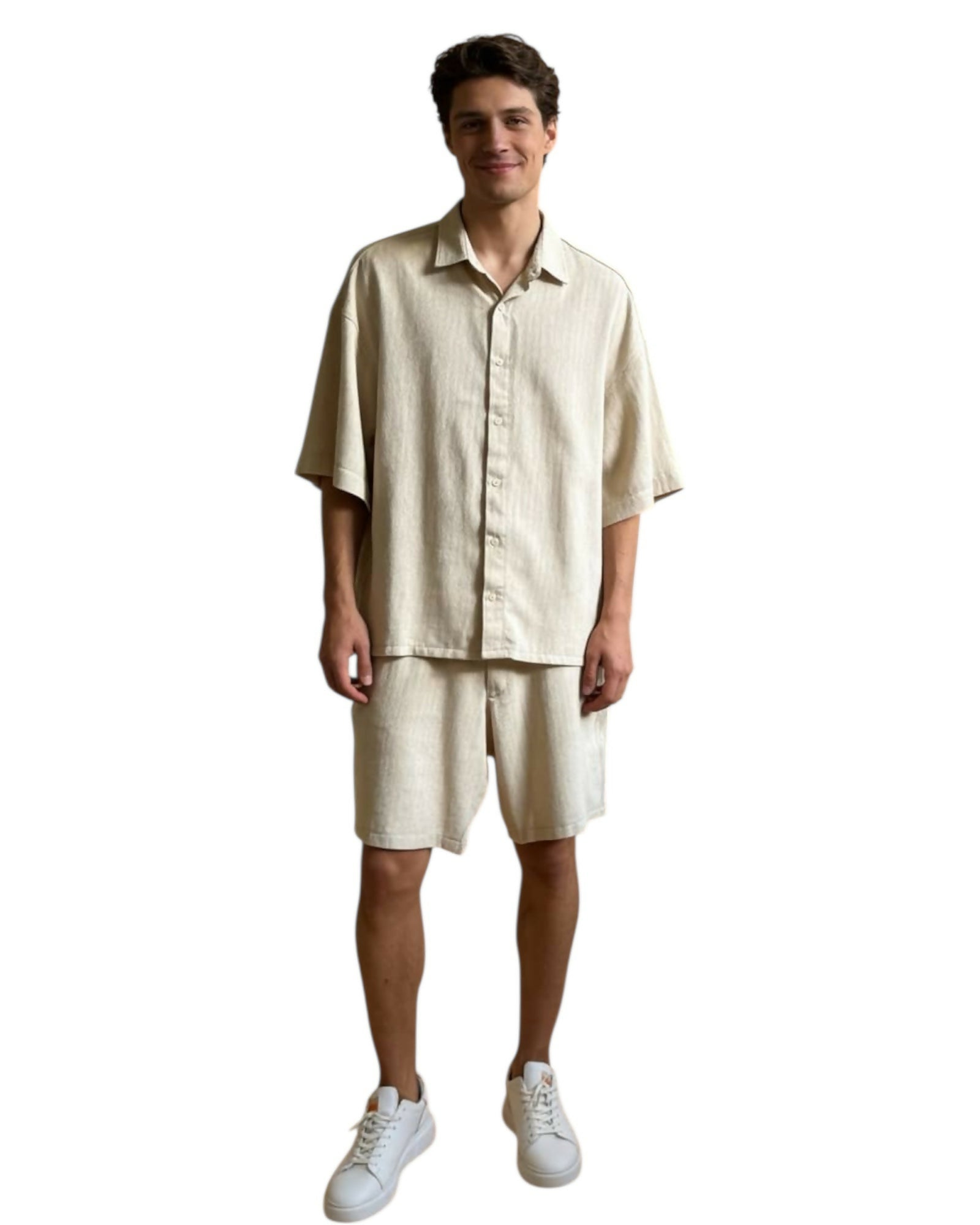 Stand Collar Striped Shirt and Shorts Set - Beige