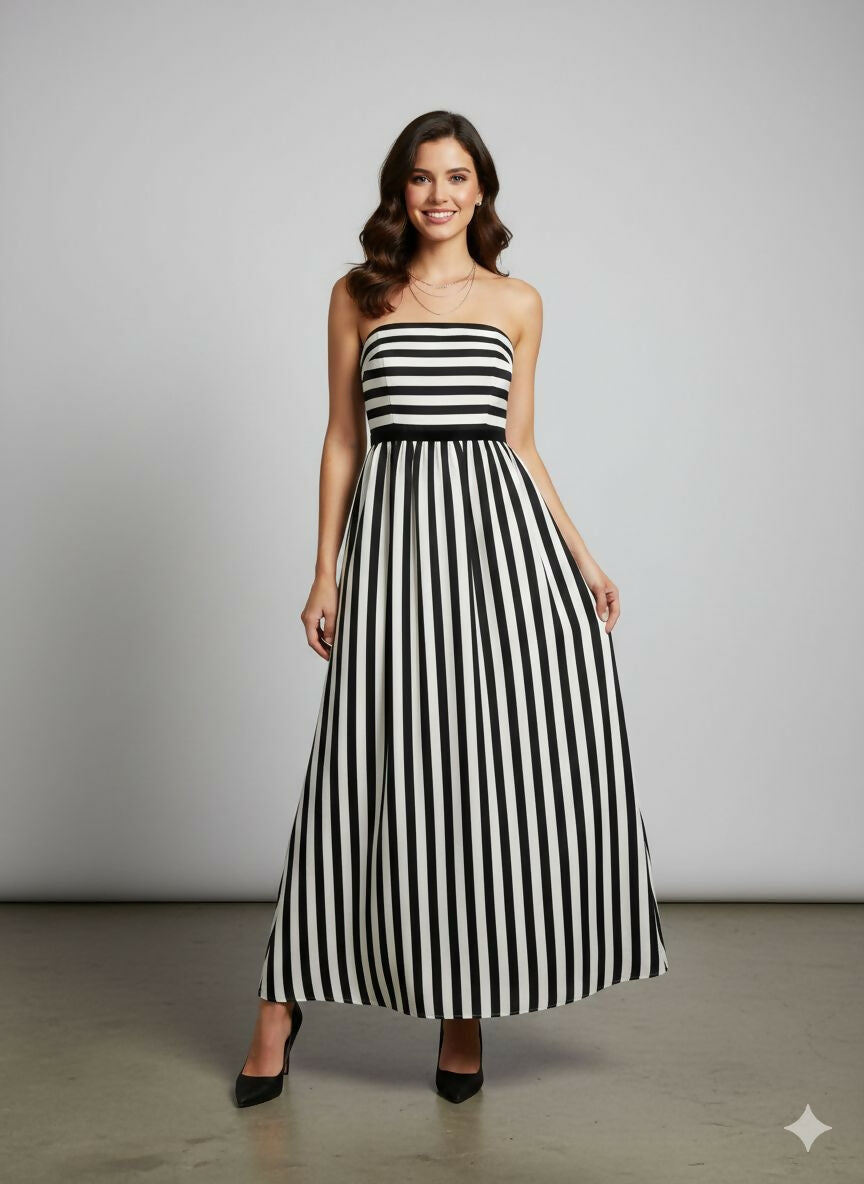 Striped Satin Midi Dress in White & Black