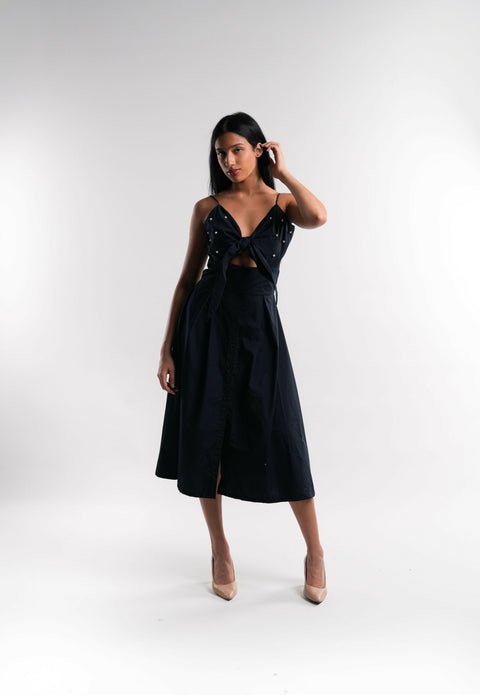 Navy Blue Cotton Dress with Pearl Details