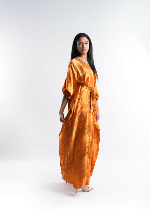 Yellow Satin Kaftan with Lace Detail