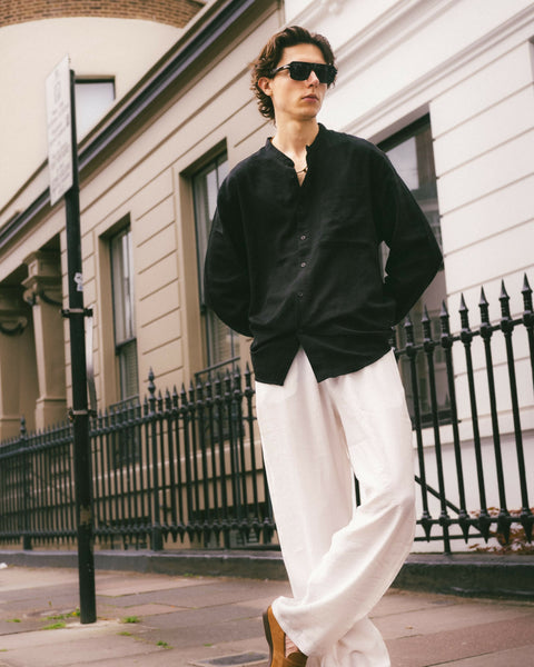 Mandarin Collar, Single Pocket Detail, Long Sleeve Cotton Shirt - Black