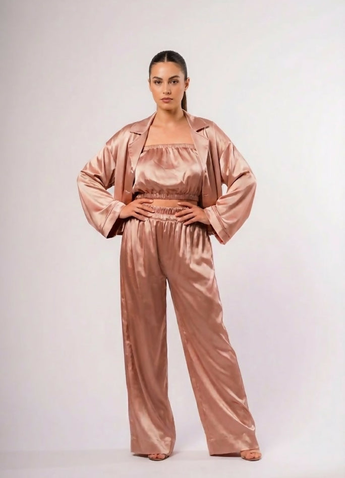 Beige Satin Set With Long Robe, 4-Piece Set: Pants, Shirt, Top, Robe, Belt