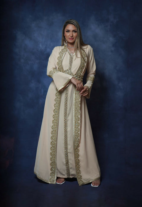 Handcrafted Embroidered Two-piece Silky Kaftan with Belt in Beige Free Size