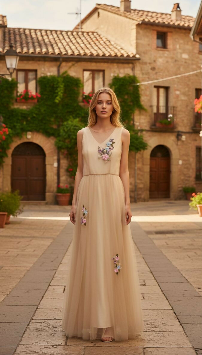Layered Tulle Dress in Soft Beige