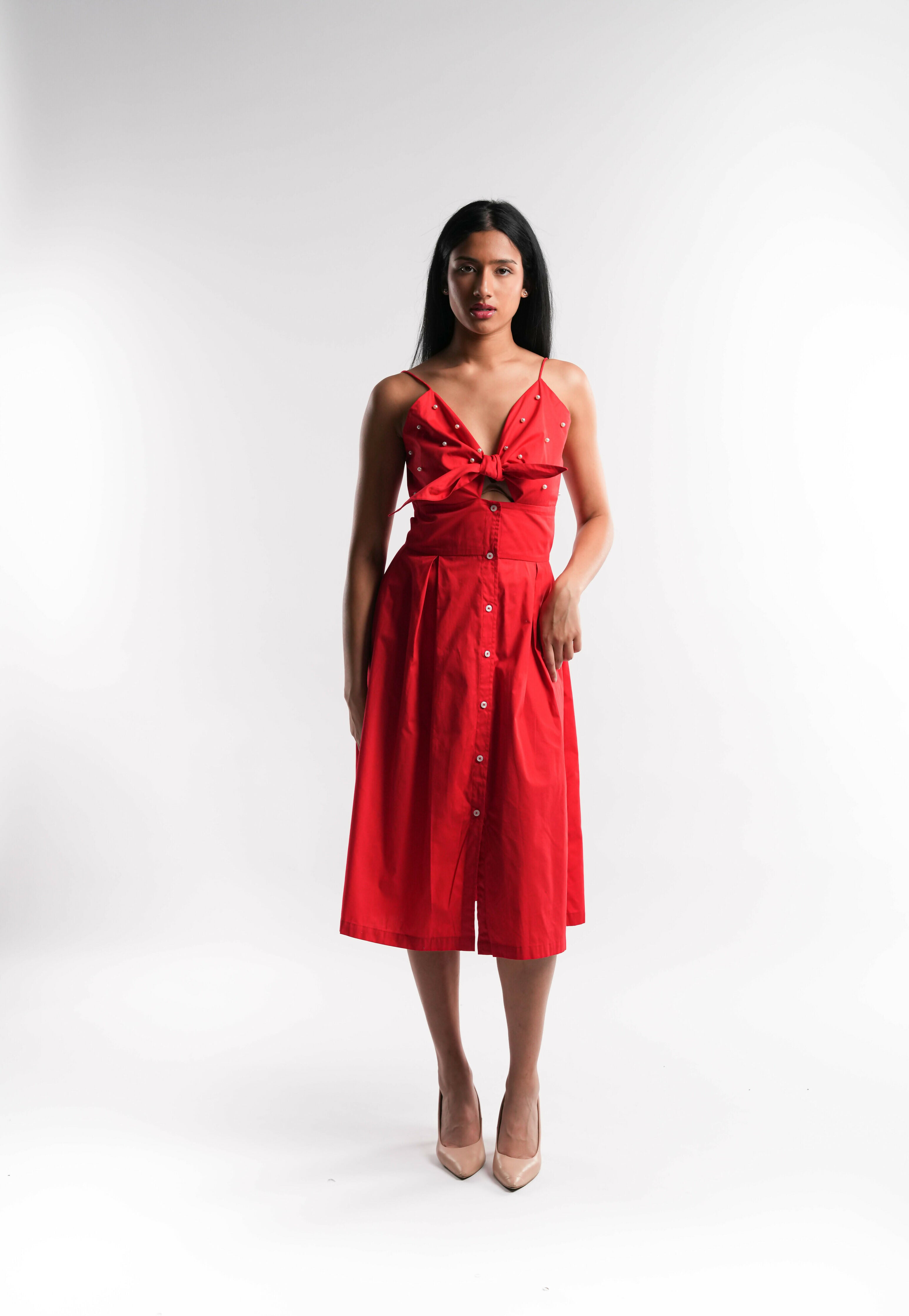 Red Cotton Dress with Pearl Details