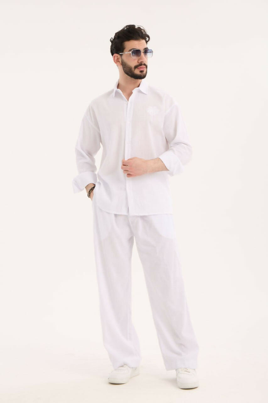 Embroidered Detail Shirt & Pants Set- White
