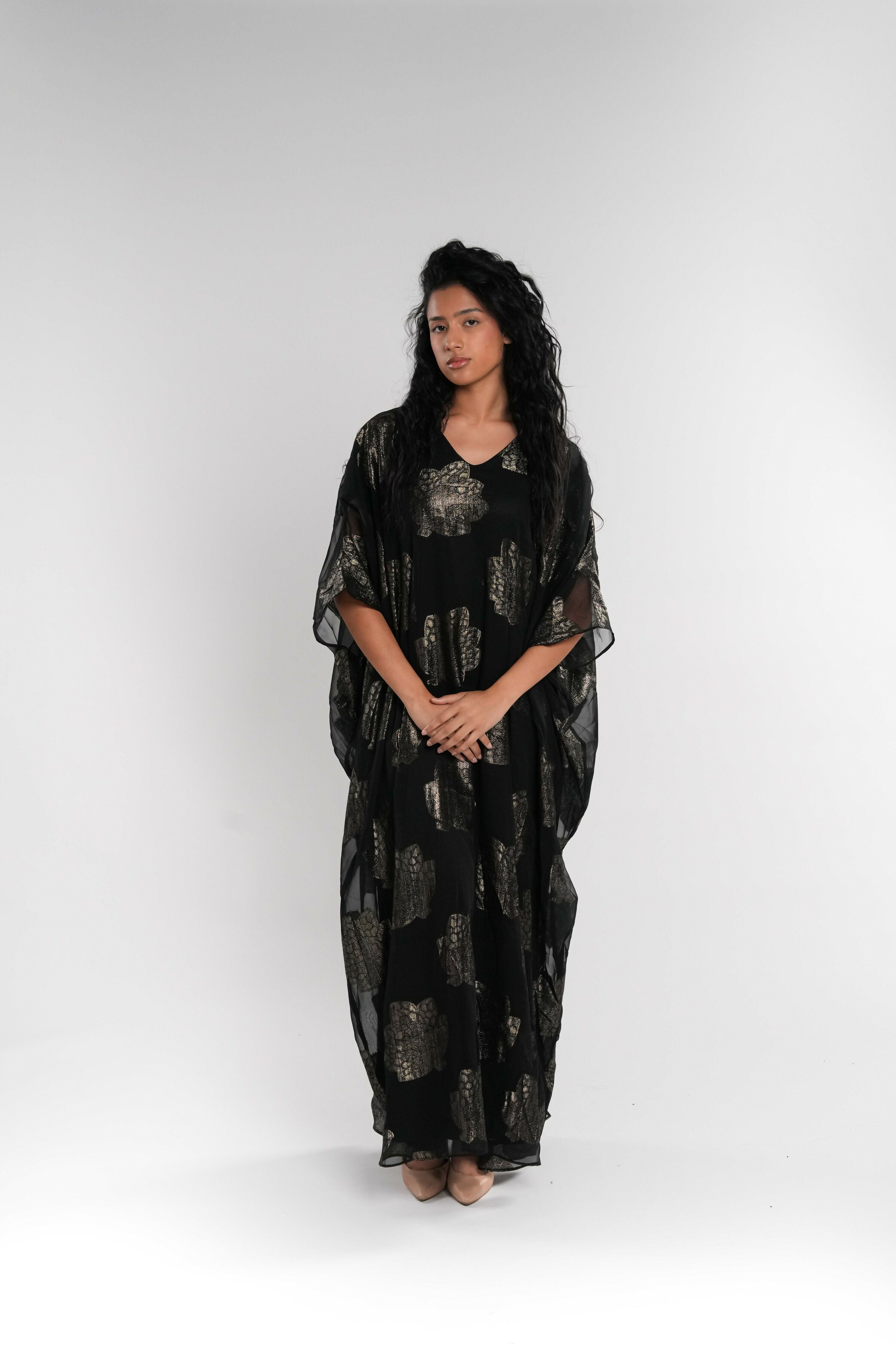 Black and Silver Chiffon Kaftan Lined