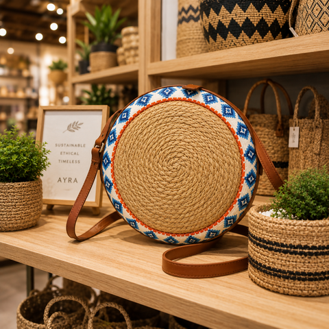 Jute sling bag with pattern Leather strap