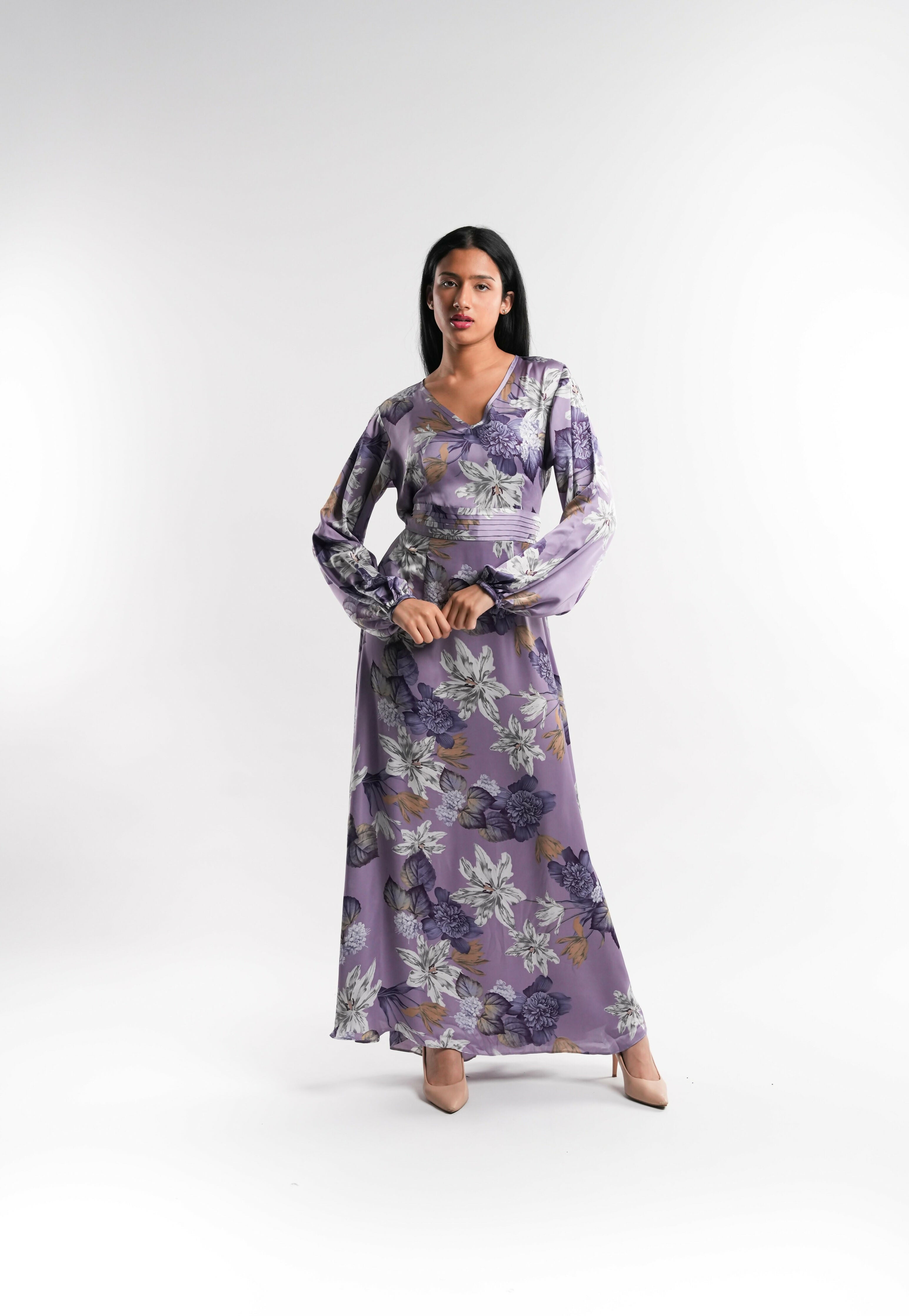 Purple Silk Floral V Neck Dress