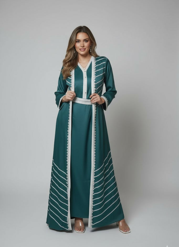 Handcrafted Embroidered – TWO Piece Kaftan Dress with belt – in striped elegant touch
