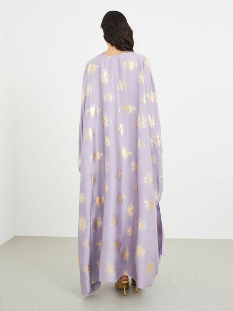 Lilac Satin Floral Abaya & Cowl Neck Dress with Belt Set