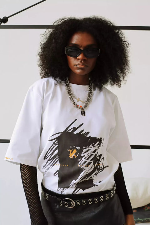 “Cadence, Rhythm, Tempo” White T- Shirt Edward Acosta X Domo Jones